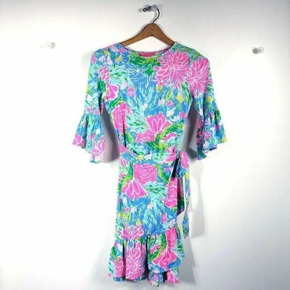 New Lilly Pulitzer Kassi Wrap Ruffle Dress ZANZIBAR BLUE BLUE BUNNY BUSINESS siz